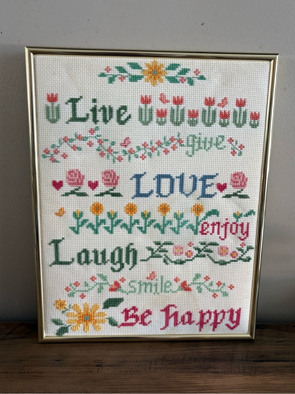 Vintage 1989 Be Happy Framed Floral Cross-Stitch Wall Art - Green, Pink, Yellow